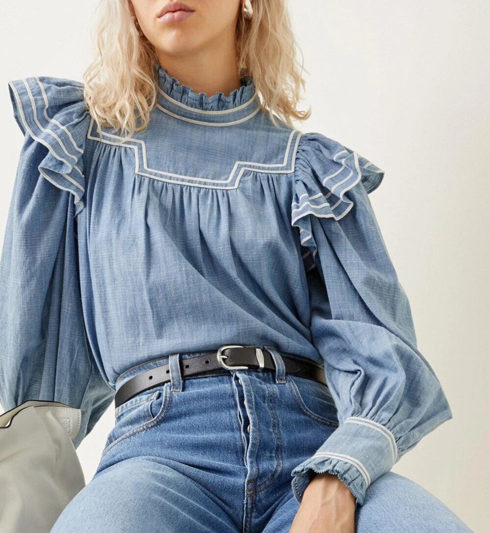 Ulla Johnson Ester Blue Ruffle Trim Blouse Victorian Prairie Top Size 4